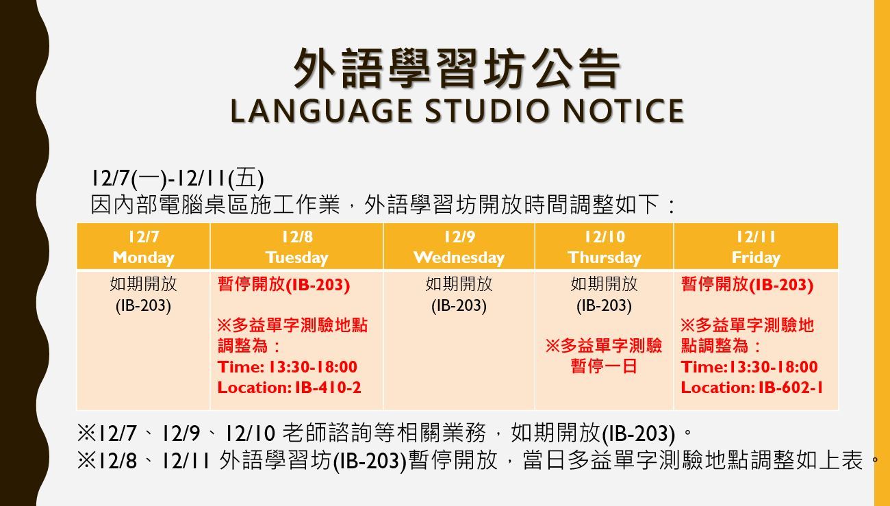 12/7-12/11外語學習坊公告